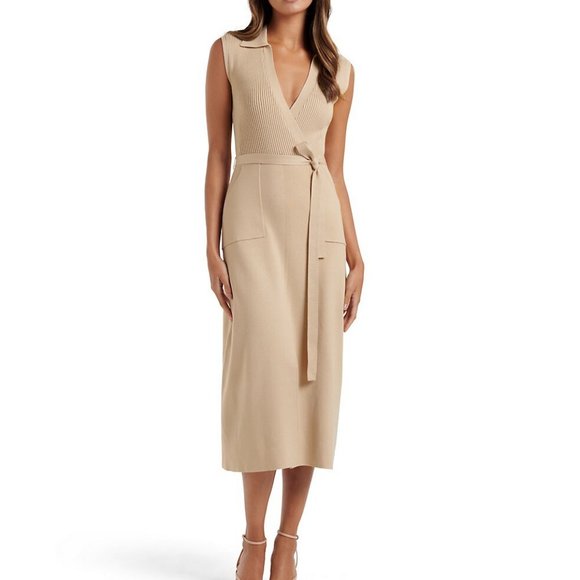 Ever New Lara Knit Dress In Latte Size 6 Collar Midi Belted V-neck Silky - Picture 1 of 14